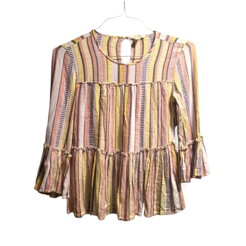 Mi ami 100% Rayon Yellow & Pink Striped Bell Sleeve Top Boho Artistic Bohemian S